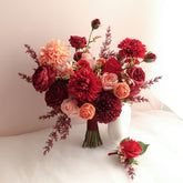 Red Peach Rose Dahlia Wedding Bouquet 38cmW